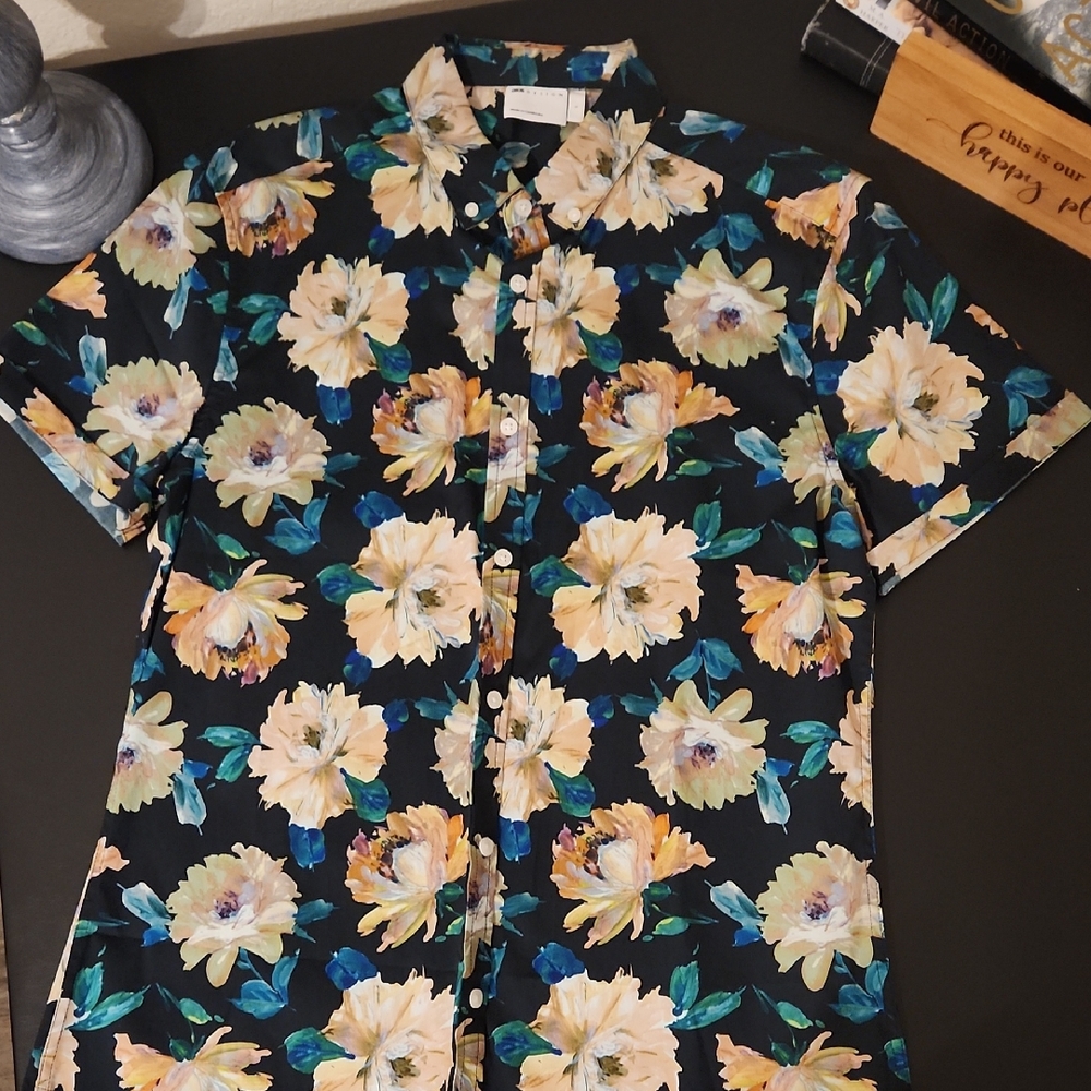 ASOS Black Short-Sleeve Button-Down Shirt with Yellow Floral Print